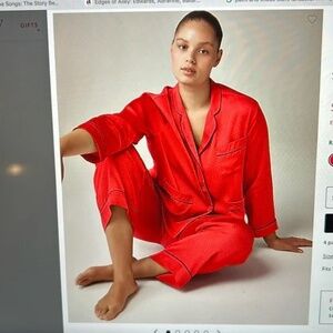 New J.Crew Pajama Pant Top Set Womens Size L Red Polka Dot Soft Shine Button